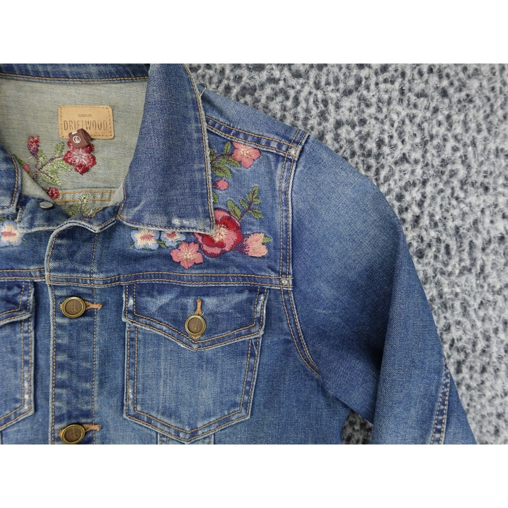 Driftwood Geena Denim Jacket Womens Small Blue Floral Embroidered Distressed - Picture 3 of 11